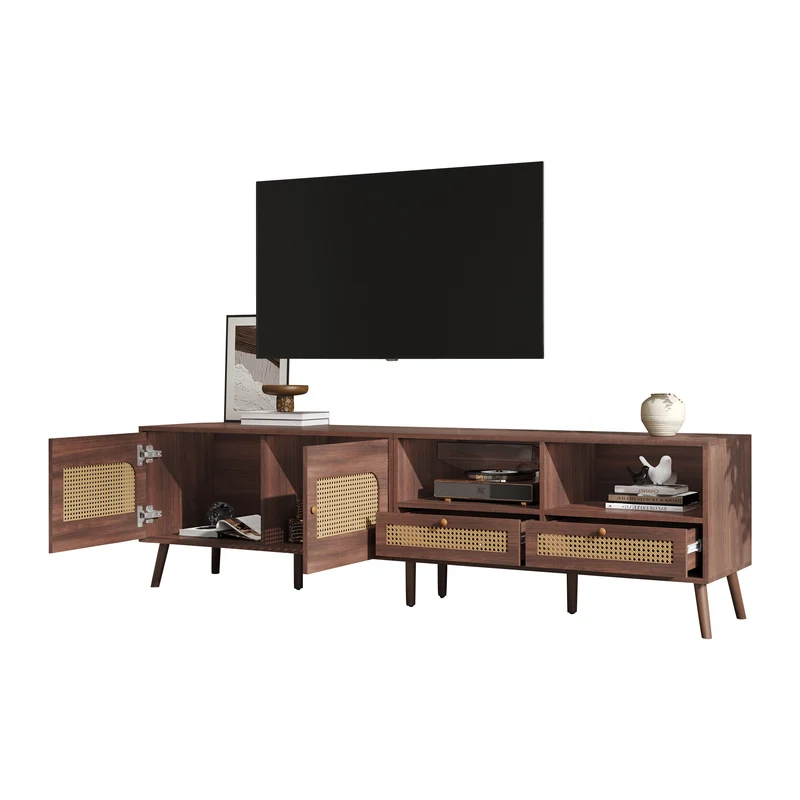 Meuble TV effet marron noyer portes en rotin 2 portes 2 tiroirs CEDARSONG