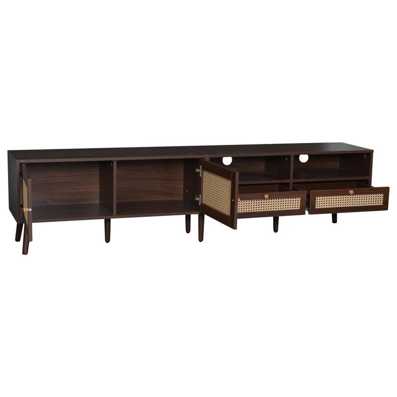 Meuble TV effet marron noyer portes en rotin 2 portes 2 tiroirs CEDARSONG