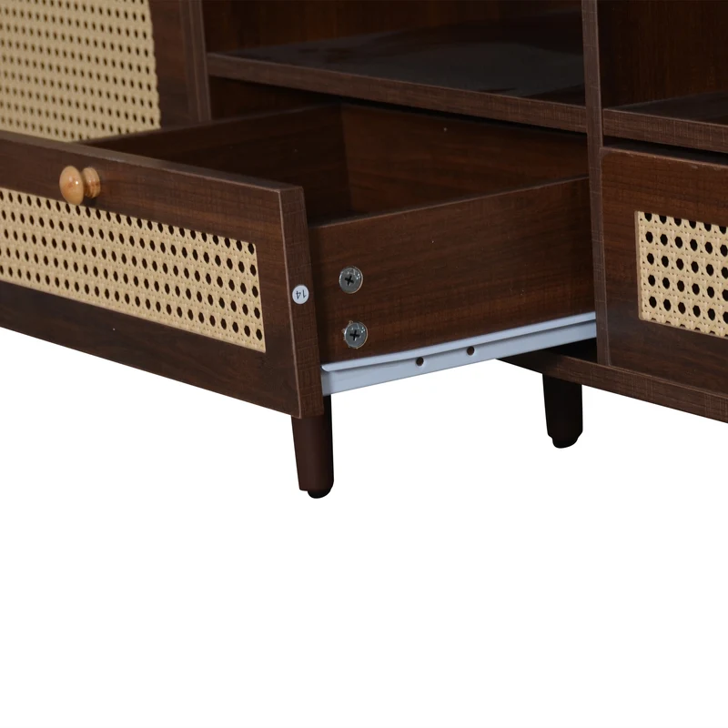Meuble TV effet marron noyer portes en rotin 2 portes 2 tiroirs CEDARSONG