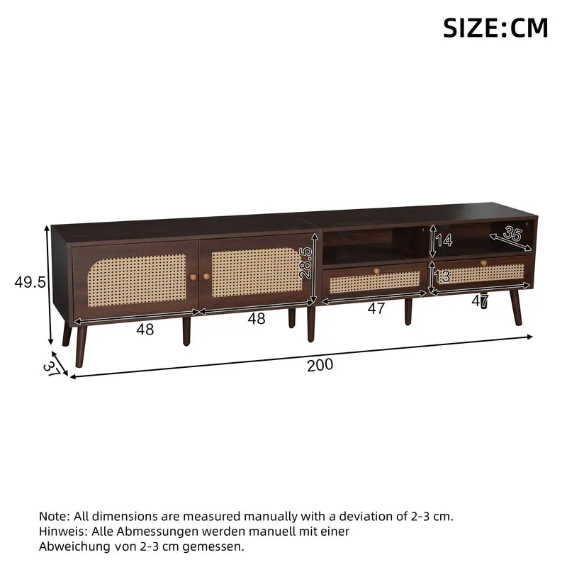 Meuble TV effet marron noyer portes en rotin 2 portes 2 tiroirs CEDARSONG