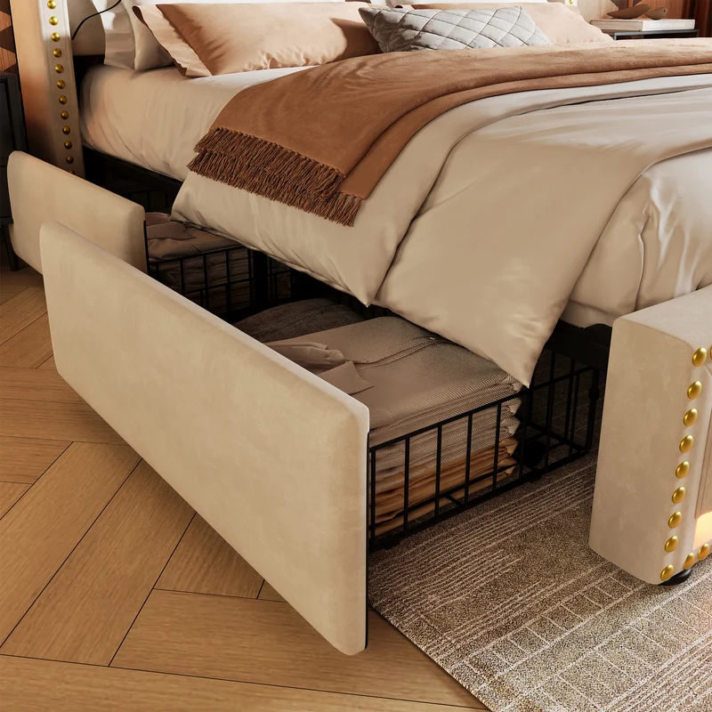 Lit king beige rembourré captionné royal avec éclairage LED et 4 tiroirs 180*200cm STOCZUTS SUPER KING BEIGE