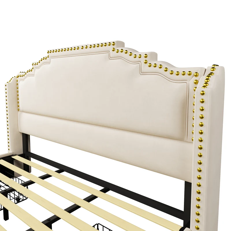 Lit king beige rembourré captionné royal avec éclairage LED et 4 tiroirs 180*200cm STOCZUTS SUPER KING BEIGE