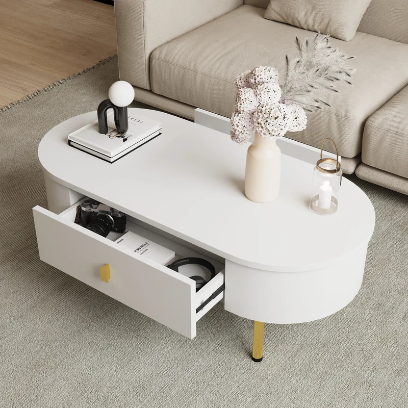 Table basse ovale blanche avec tiroirs et pieds dorés KRAUVVEX