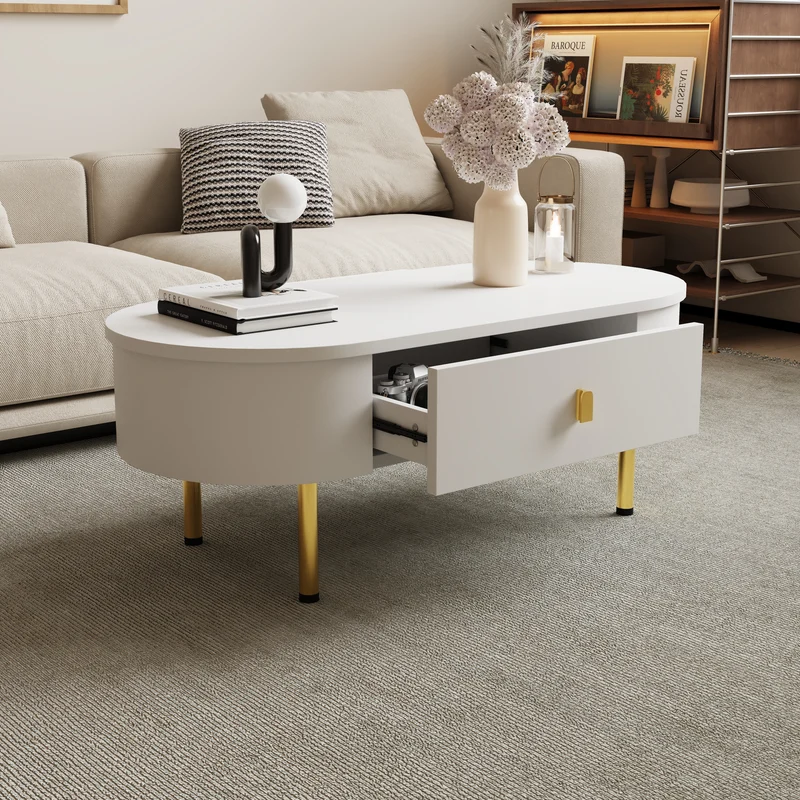 Table basse ovale blanche avec tiroirs et pieds dorés KRAUVVEX