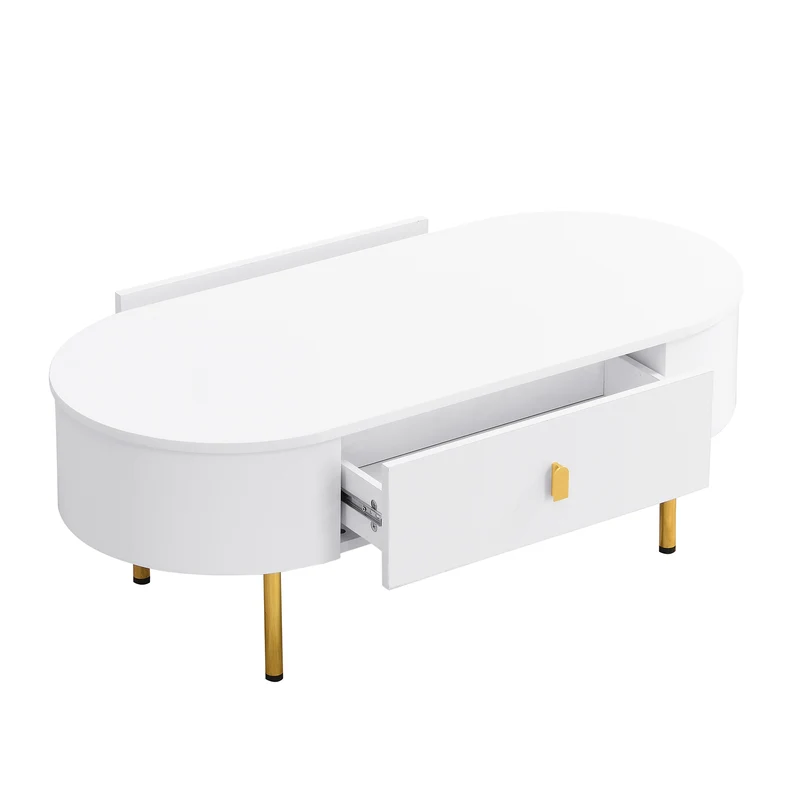 Table basse ovale blanche avec tiroirs et pieds dorés KRAUVVEX