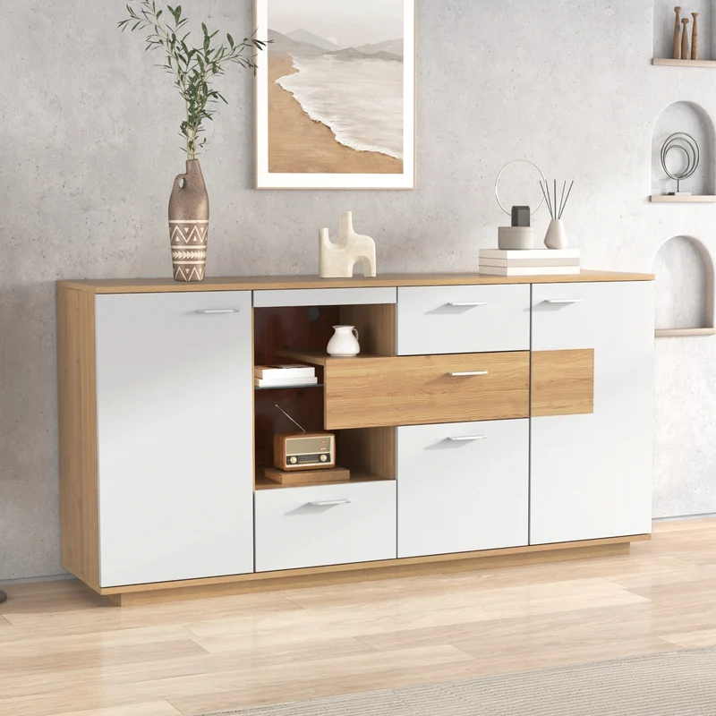 Buffet blanc et effet bois 2 portes 4 tiroirs avec éclairage LED 16 couleurs STUD