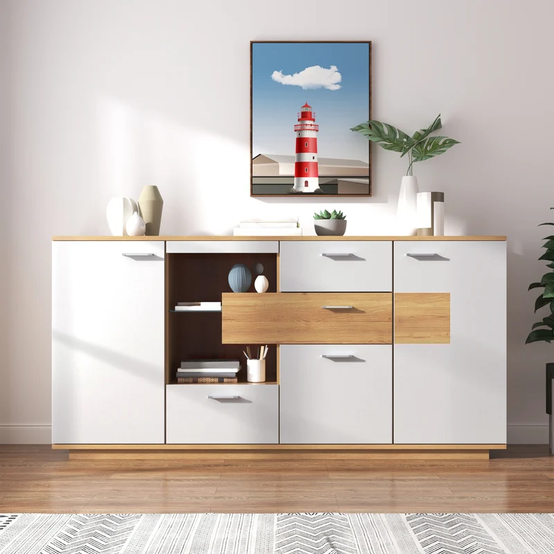 Buffet blanc et effet bois 2 portes 4 tiroirs avec éclairage LED 16 couleurs STUD