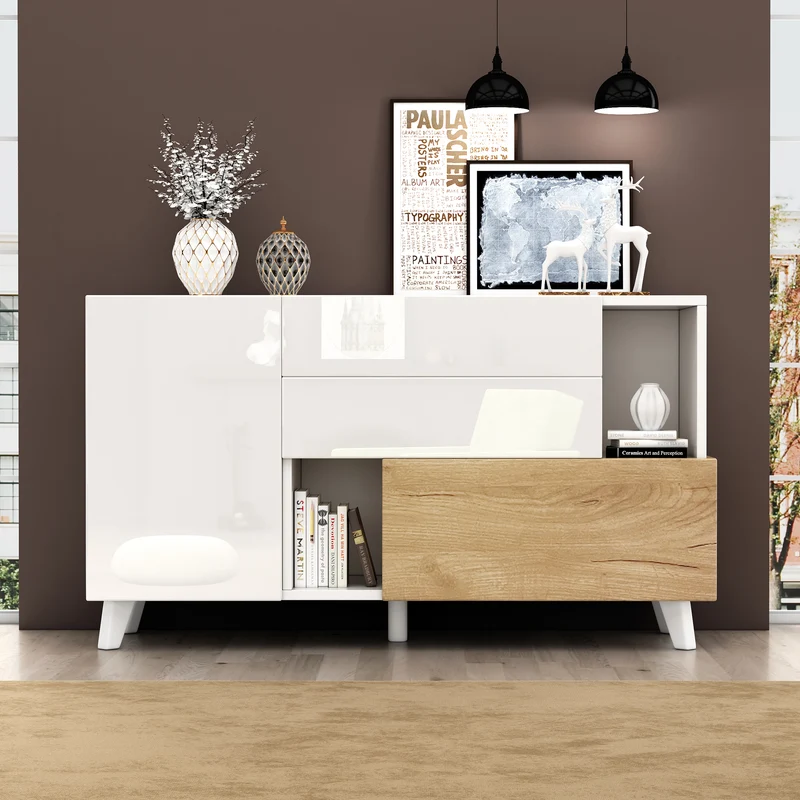 Buffet blanc brillant et effet bois 2 niches 2 tiroirs et 1 porte SHIELNIH