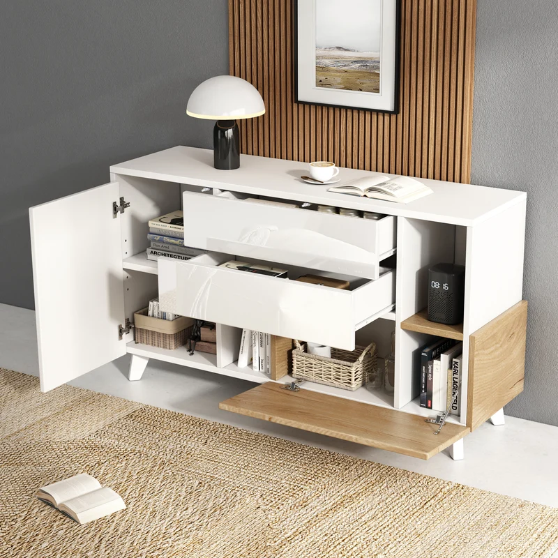 Buffet blanc brillant et effet bois 2 niches 2 tiroirs et 1 porte SHIELNIH