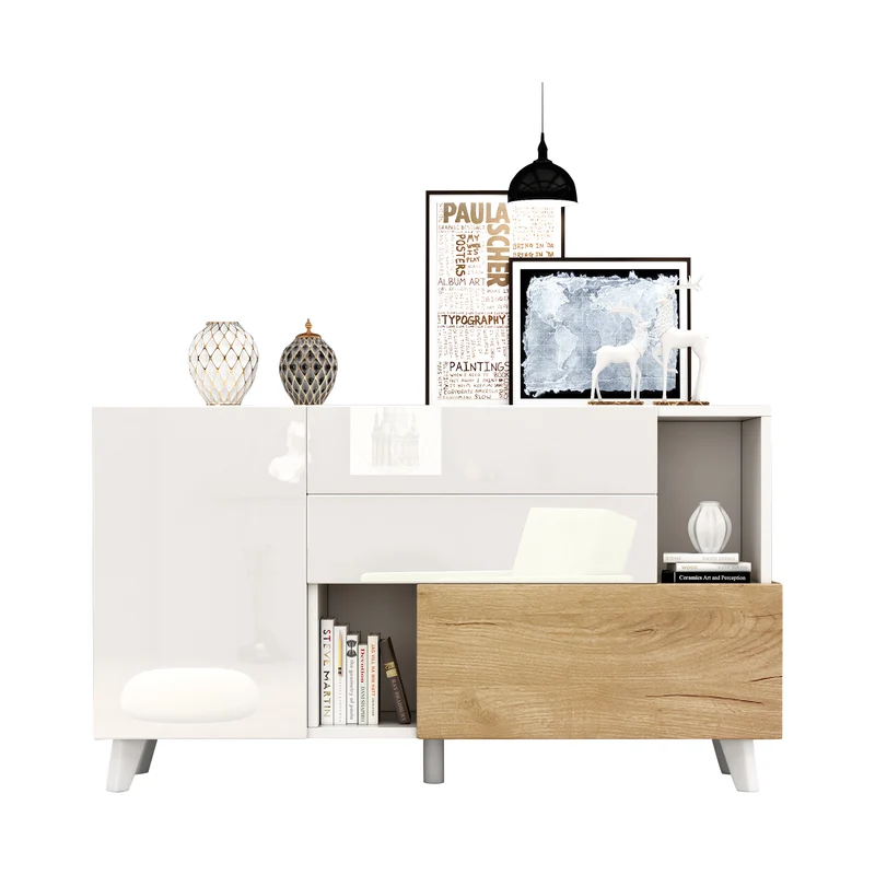 Buffet blanc brillant et effet bois 2 niches 2 tiroirs et 1 porte SHIELNIH
