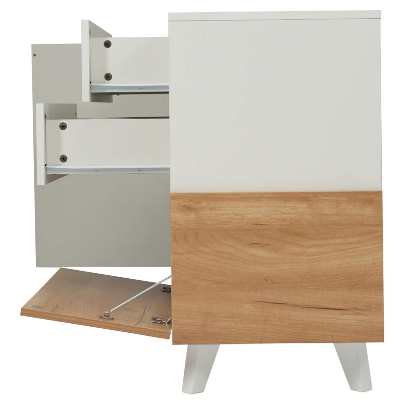 Buffet blanc brillant et effet bois 2 niches 2 tiroirs et 1 porte SHIELNIH