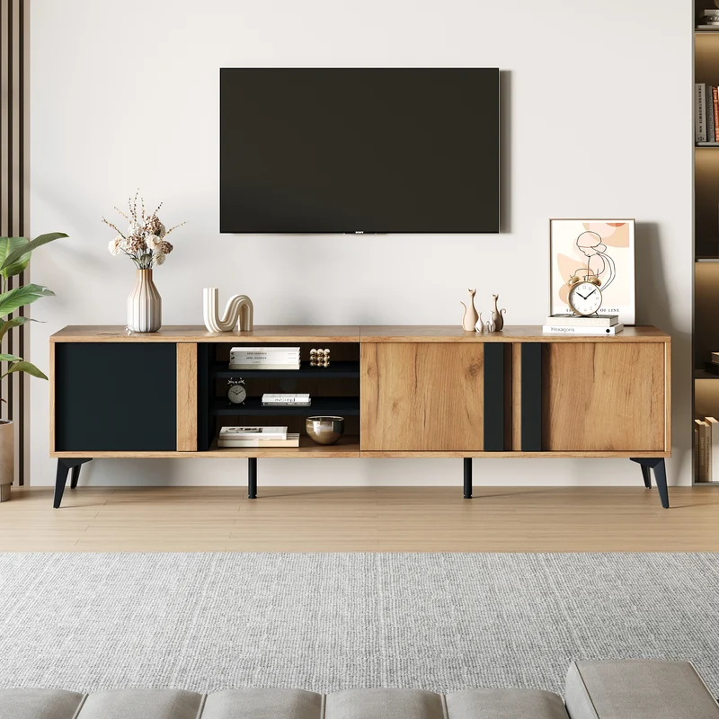Meuble TV effet bois rustique 3 portes battantes 180*50*40cm ICAN