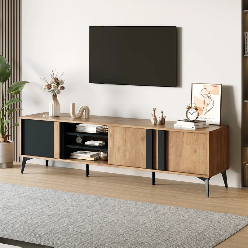 Meuble TV effet bois rustique 3 portes battantes 180*50*40cm ICAN