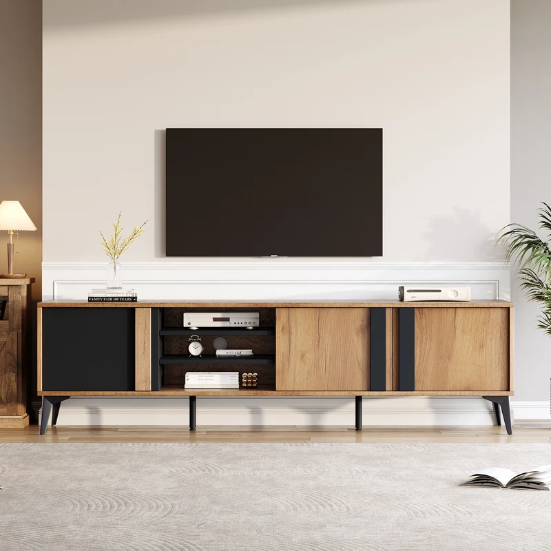 Meuble TV effet bois rustique 3 portes battantes 180*50*40cm ICAN
