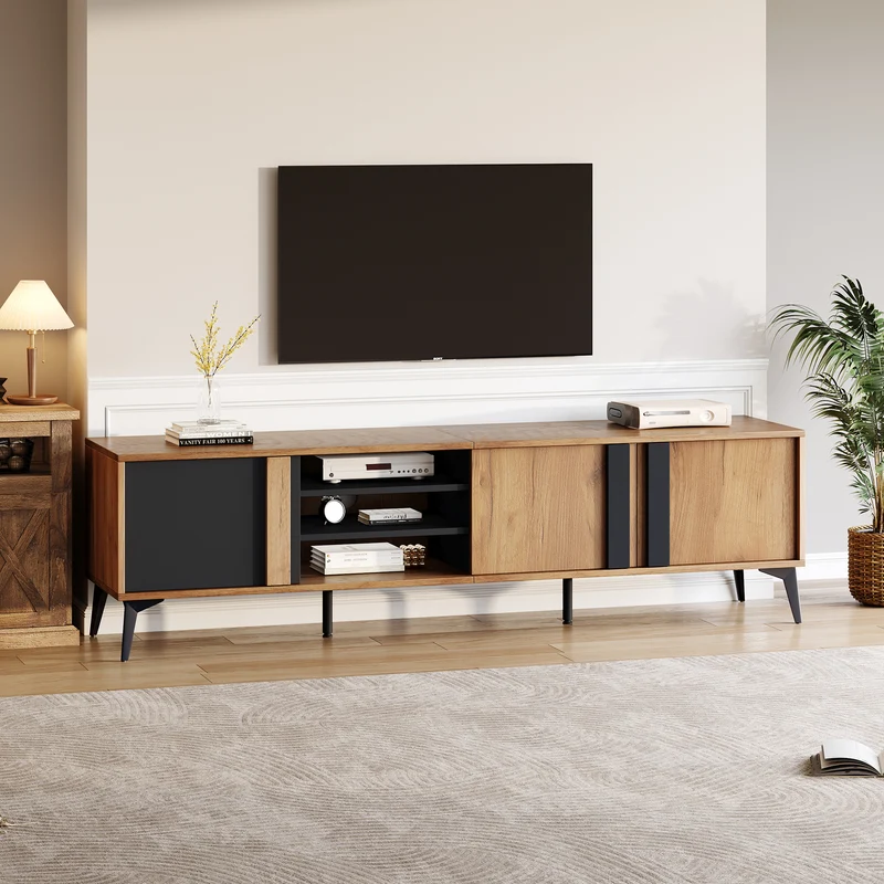 Meuble TV effet bois rustique 3 portes battantes 180*50*40cm ICAN