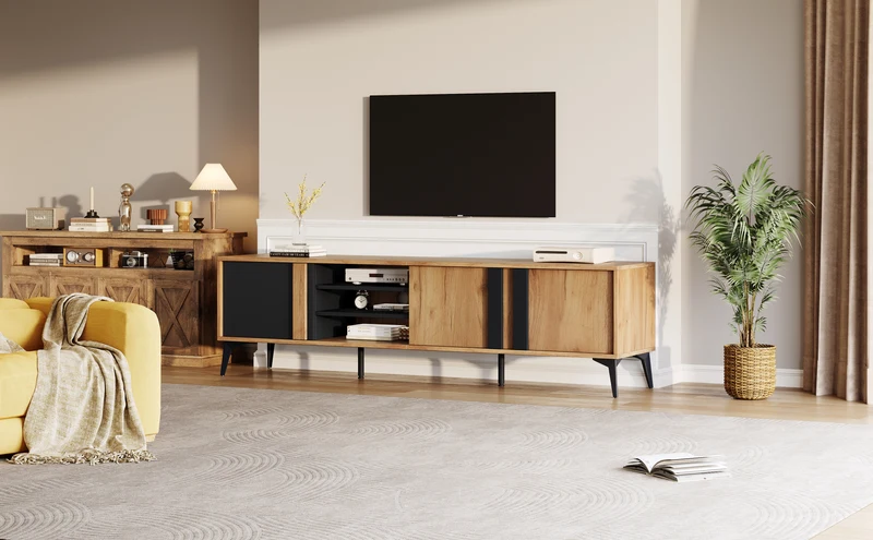 Meuble TV effet bois rustique 3 portes battantes 180*50*40cm ICAN
