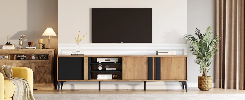 Meuble TV effet bois rustique 3 portes battantes 180*50*40cm ICAN