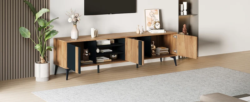 Meuble TV effet bois rustique 3 portes battantes 180*50*40cm ICAN