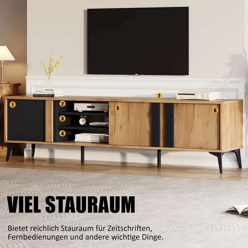 Meuble TV effet bois rustique 3 portes battantes 180*50*40cm ICAN