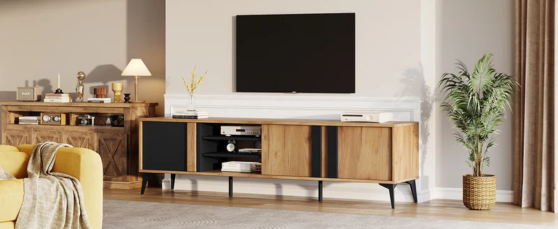 Meuble TV effet bois rustique 3 portes battantes 180*50*40cm ICAN