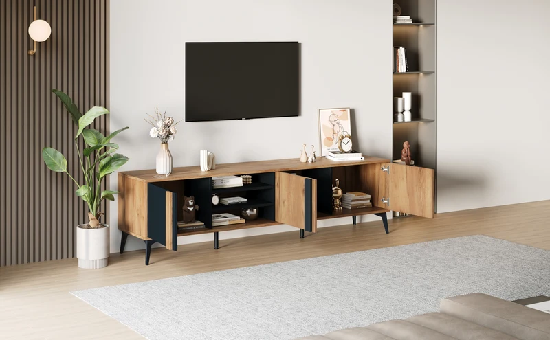 Meuble TV effet bois rustique 3 portes battantes 180*50*40cm ICAN