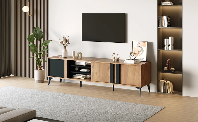 Meuble TV effet bois rustique 3 portes battantes 180*50*40cm ICAN