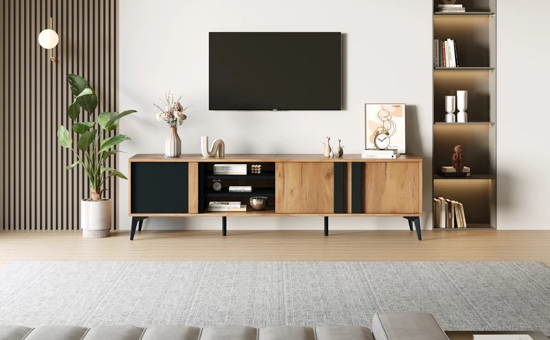 Meuble TV effet bois rustique 3 portes battantes 180*50*40cm ICAN