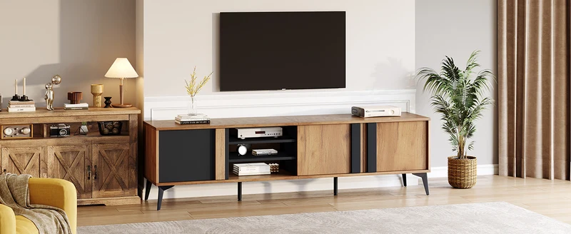 Meuble TV effet bois rustique 3 portes battantes 180*50*40cm ICAN