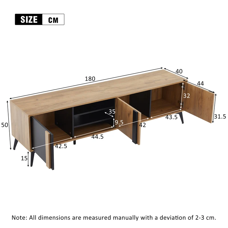 Meuble TV effet bois rustique 3 portes battantes 180*50*40cm ICAN
