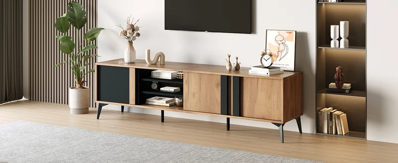 Meuble TV effet bois rustique 3 portes battantes 180*50*40cm ICAN