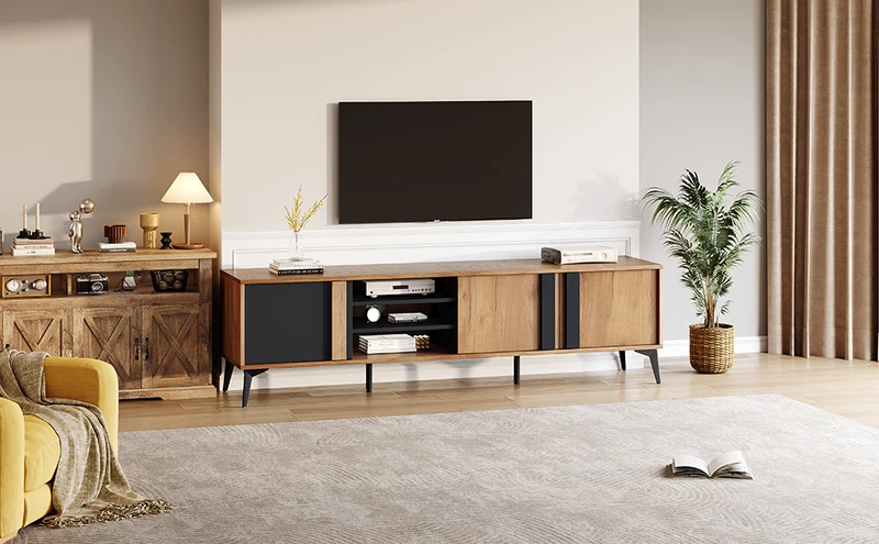 Meuble TV effet bois rustique 3 portes battantes 180*50*40cm ICAN