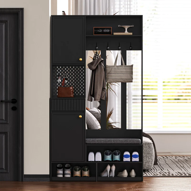 Vestiaire à l'entrée noir multifonction avec banc et rangements 100×180×35 cm BLISSUM
