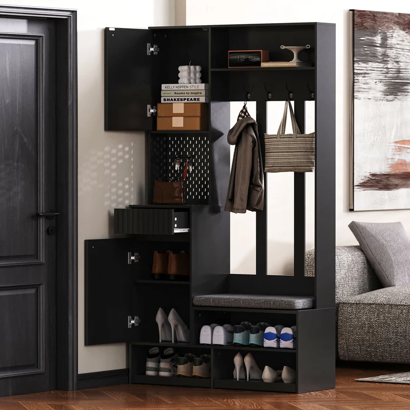 Vestiaire à l'entrée noir multifonction avec banc et rangements 100×180×35 cm BLISSUM