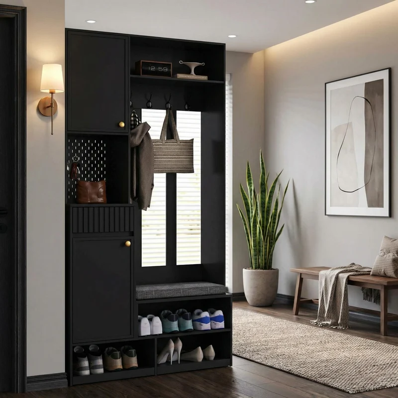 Vestiaire à l'entrée noir multifonction avec banc et rangements 100×180×35 cm BLISSUM