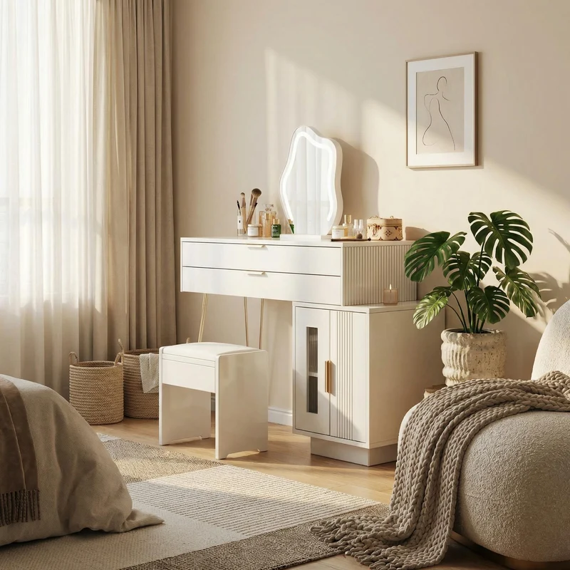 Coiffeuse blanche luxueuse avec miroir ondulé à LED et pieds dorés VERIEN