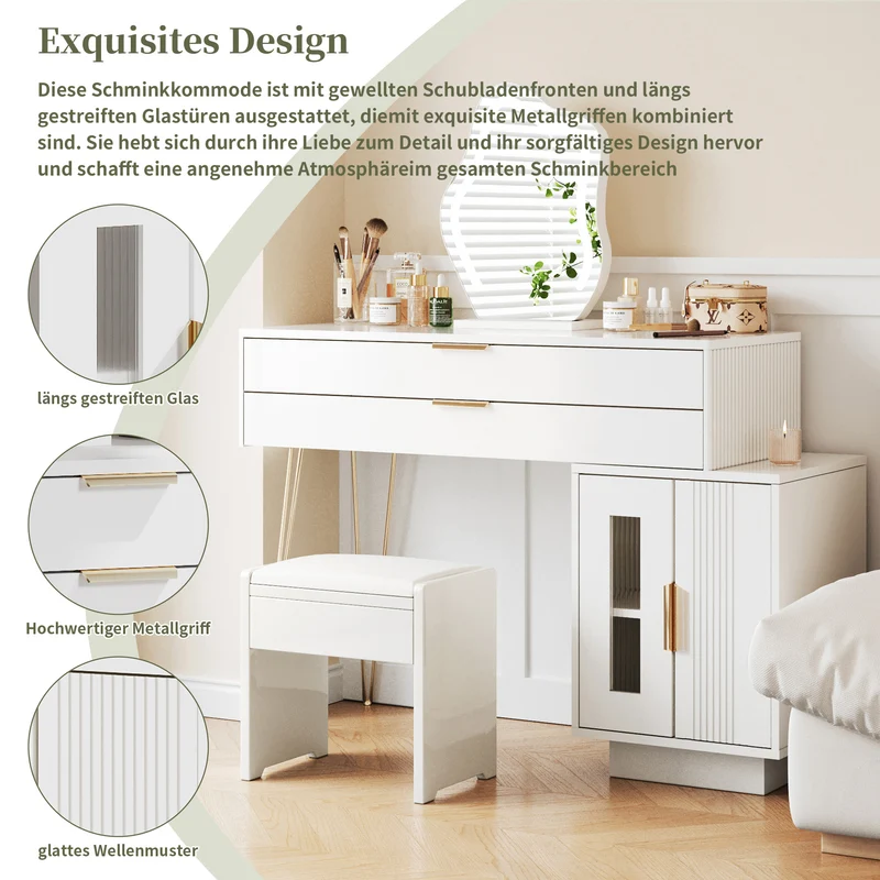 Coiffeuse blanche luxueuse avec miroir ondulé à LED et pieds dorés VERIEN