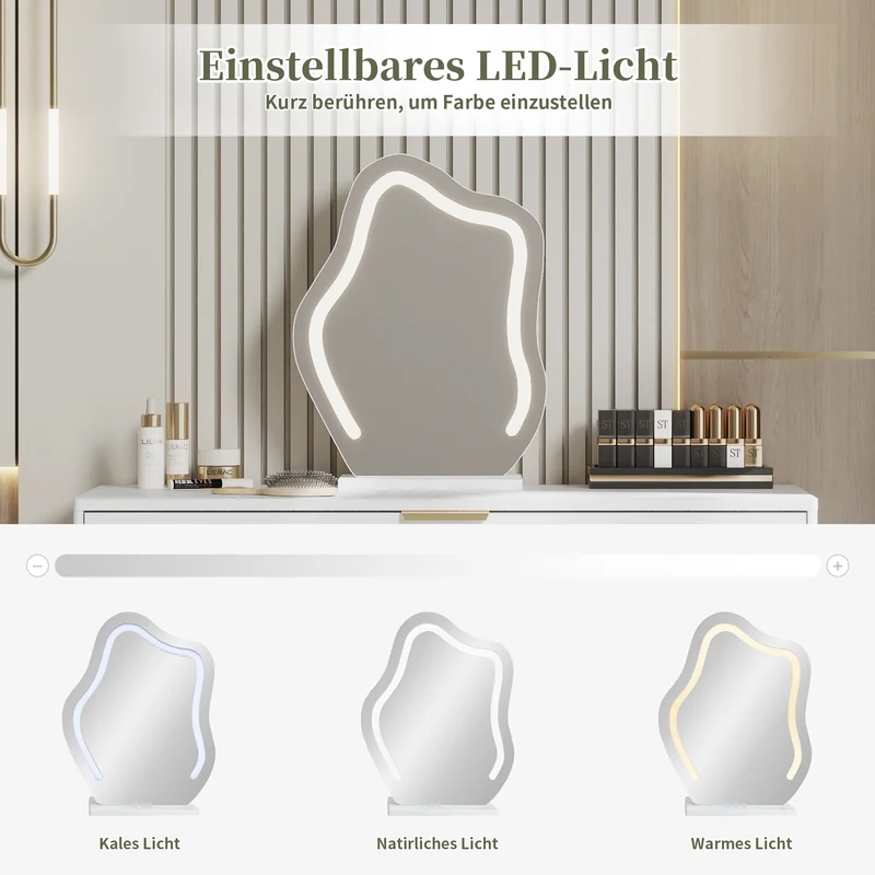 Coiffeuse blanche luxueuse avec miroir ondulé à LED et pieds dorés VERIEN