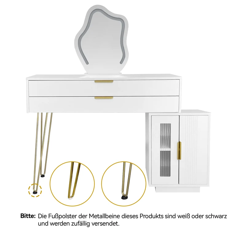 Coiffeuse blanche luxueuse avec miroir ondulé à LED et pieds dorés VERIEN