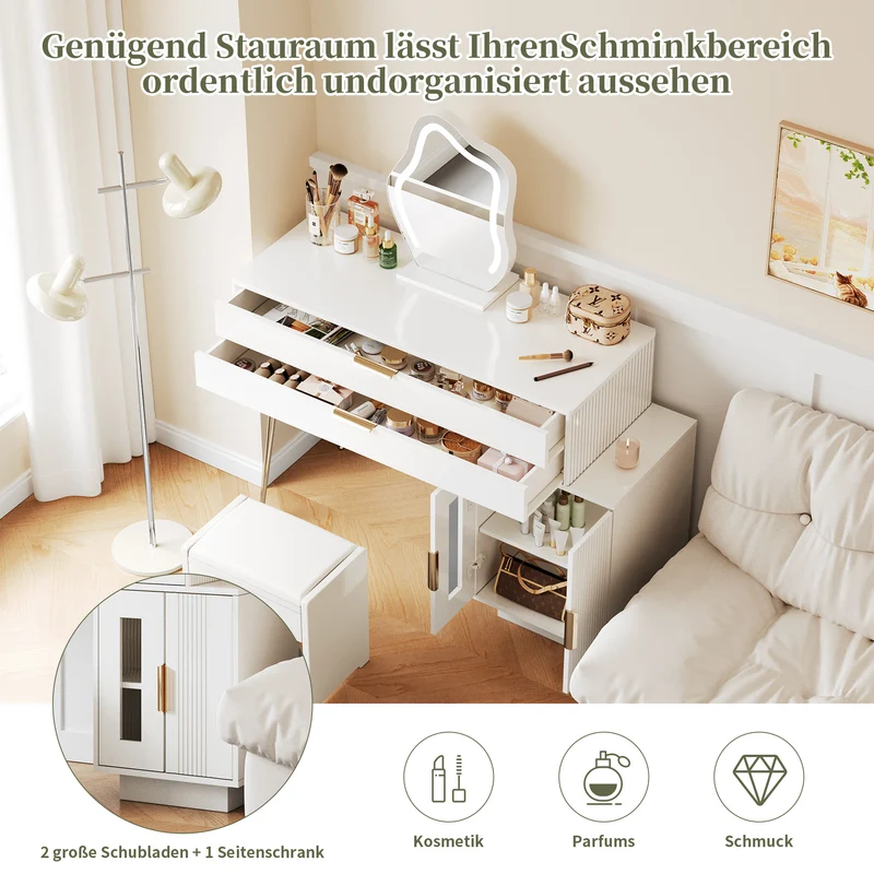 Coiffeuse blanche luxueuse avec miroir ondulé à LED et pieds dorés VERIEN
