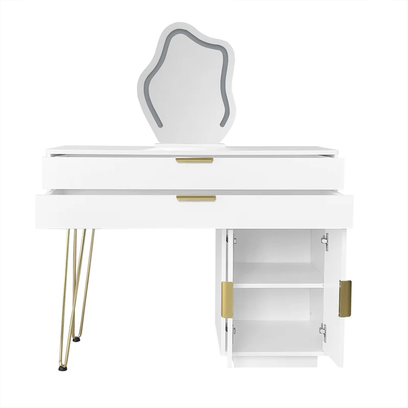 Coiffeuse blanche luxueuse avec miroir ondulé à LED et pieds dorés VERIEN
