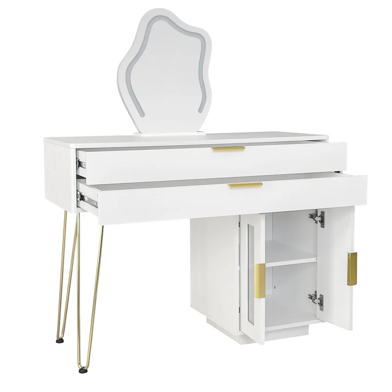Coiffeuse blanche luxueuse avec miroir ondulé à LED et pieds dorés VERIEN