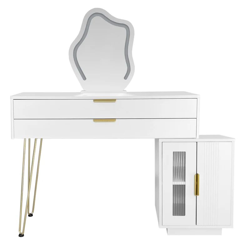 Coiffeuse blanche luxueuse avec miroir ondulé à LED et pieds dorés VERIEN