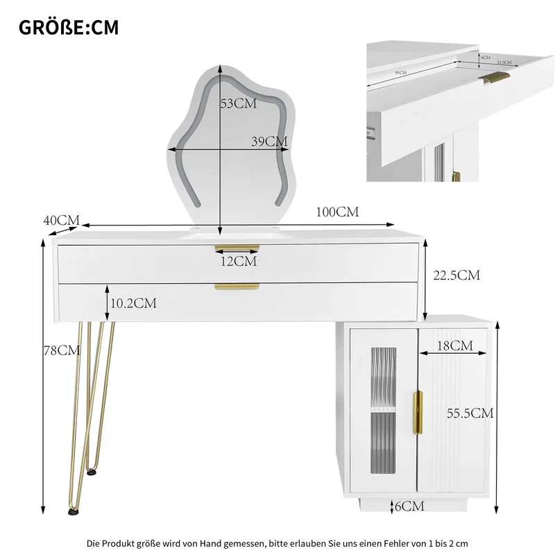 Coiffeuse blanche luxueuse avec miroir ondulé à LED et pieds dorés VERIEN