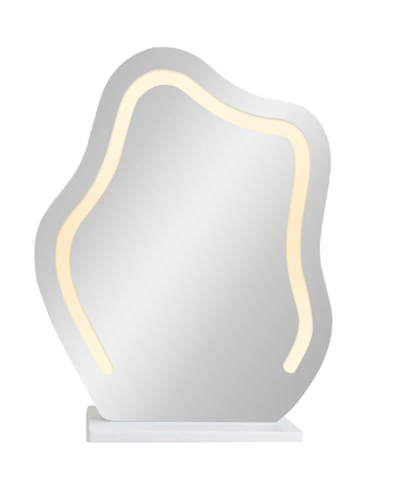 Coiffeuse blanche luxueuse avec miroir ondulé à LED et pieds dorés VERIEN