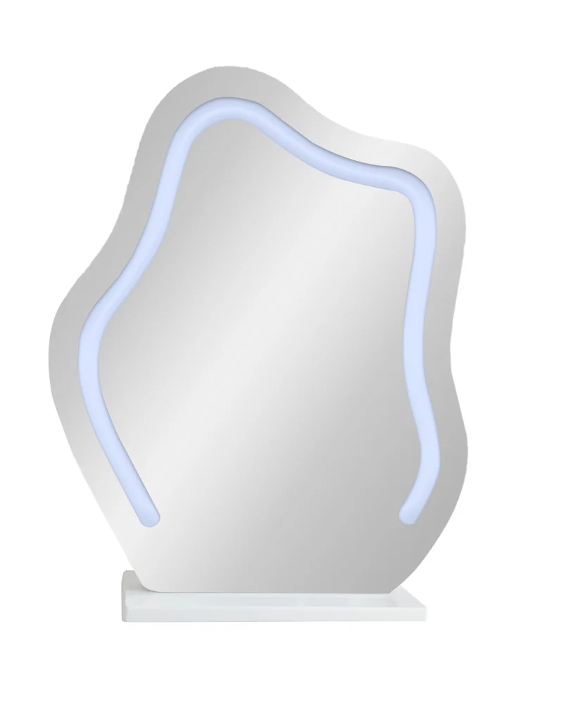 Coiffeuse blanche luxueuse avec miroir ondulé à LED et pieds dorés VERIEN