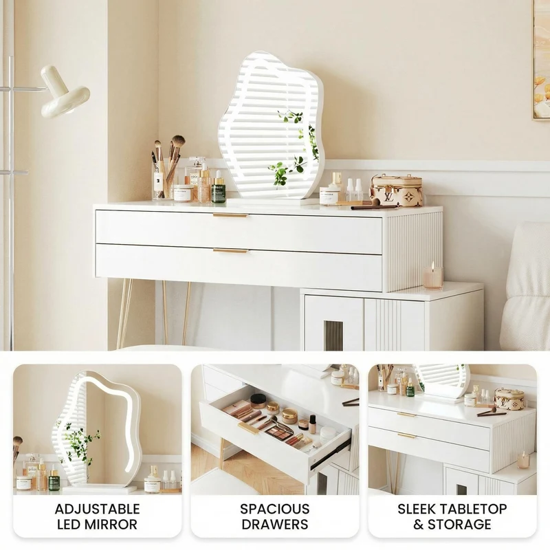 Coiffeuse blanche luxueuse avec miroir ondulé à LED et pieds dorés VERIEN