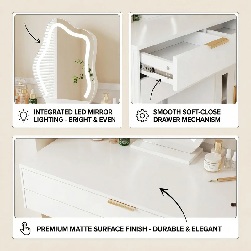 Coiffeuse blanche luxueuse avec miroir ondulé à LED et pieds dorés VERIEN