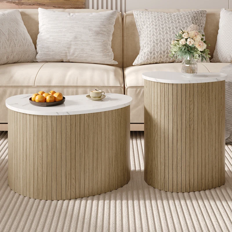 Ensemble de 2 tables basses gigognes effet marbre blanc et bois nature FJORDUS