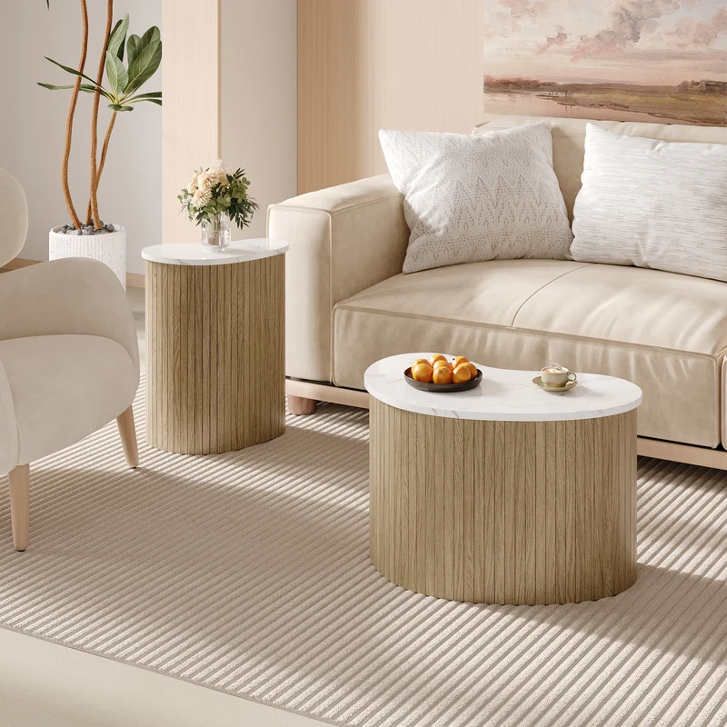 Ensemble de 2 tables basses gigognes effet marbre blanc et bois nature FJORDUS