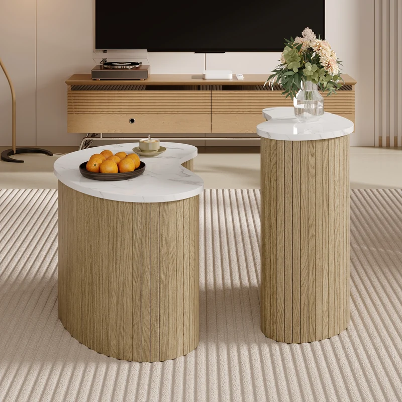 Ensemble de 2 tables basses gigognes effet marbre blanc et bois nature FJORDUS
